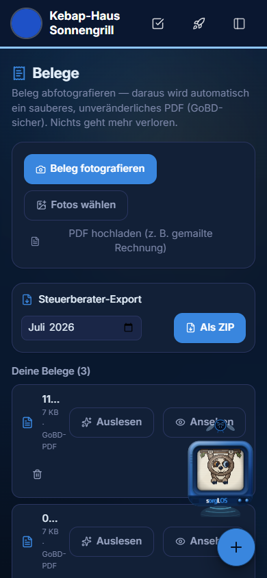 Belege — sorgl.OS auf dem Handy, Farbwelt blaulila