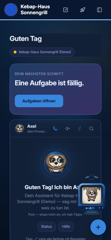 Startseite Heute — sorgl.OS auf dem Handy, Farbwelt blaulila